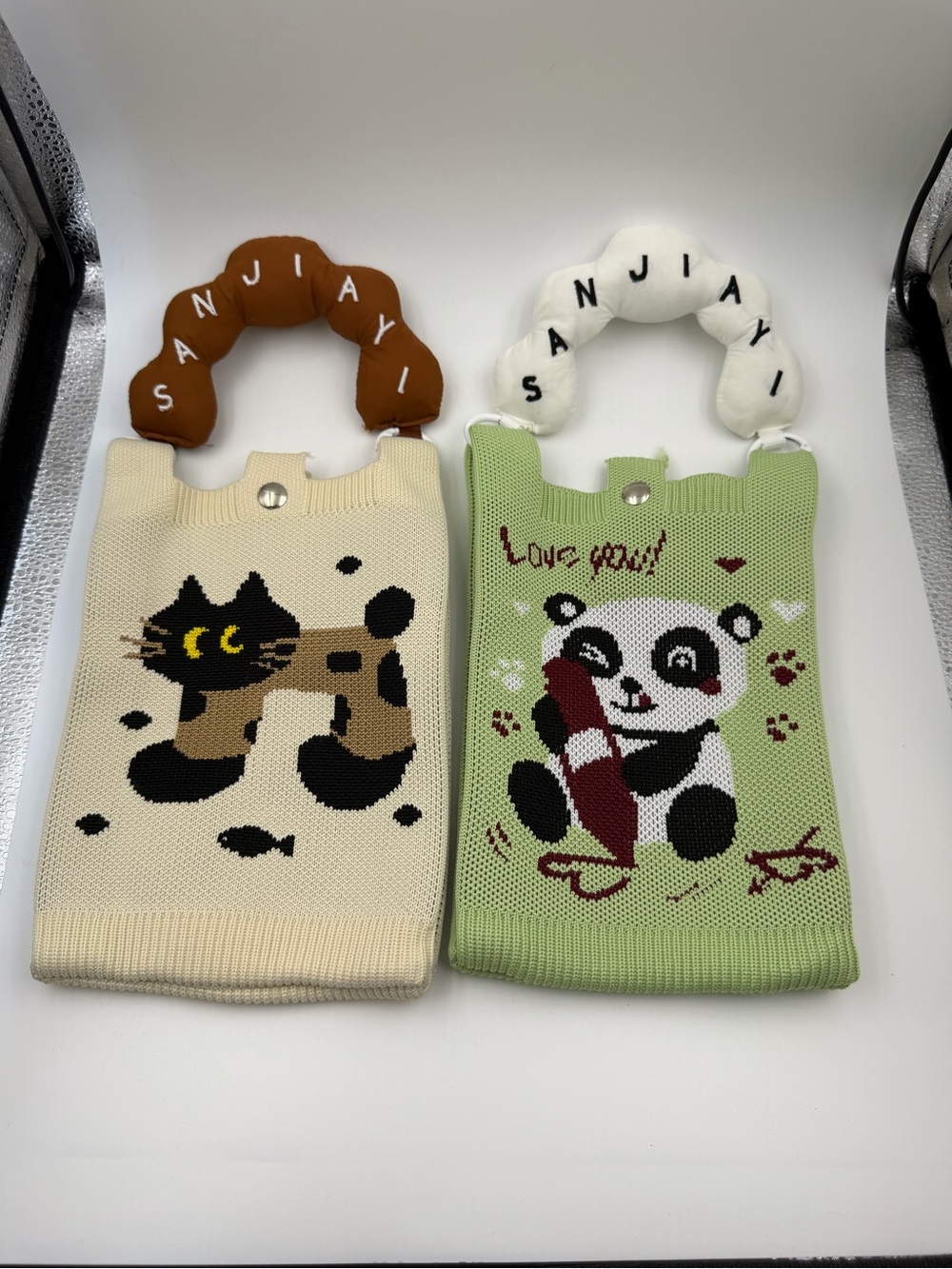 Cute Knit Mini Tote Bags Cat & Panda Set of 2